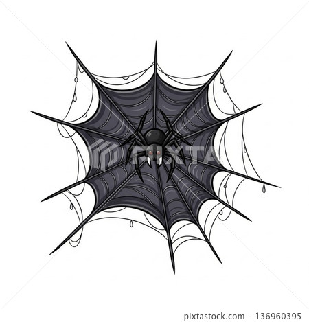 Pixelated Black Spider with Red Eyes on Dark Gray Web on White Background 136960395