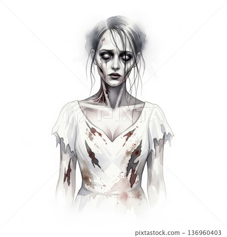 Watercolor Portrait of Ghostly Woman in White Dress with Red Stains and Hair Updo Isolated 136960403