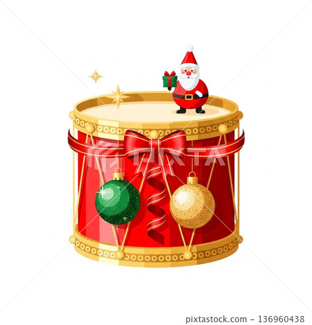 Festive Red and Gold Christmas Drum Topped with Santa Claus Ornament 136960438