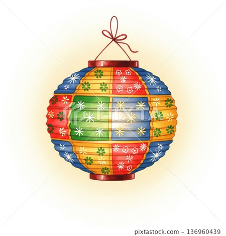 Colorful Traditional Asian Lantern with Geometric Patterns Isolated on White 136960439
