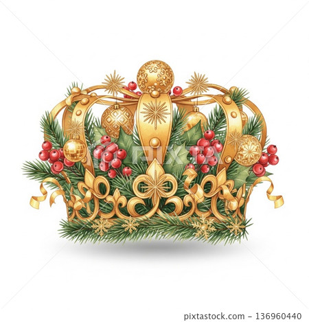 Ornate Golden Crown Adorned with Festive Christmas Foliage and Red Berries Against White Background 136960440