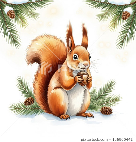 Whimsical Squirrel Holding Acorn Among Pine Branches and Cones on a White Background 136960441