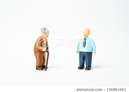 An elderly man with a cane and an office worker. A solidarity pension system and generational replacement. Workforce renewal and retirement funding balance An elderly man with a cane and an office worker. A solidarity pension system and generational replacement. Workforce renewal and retirement funding balance 136961061