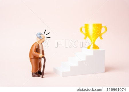 An elderly man at the foot of a ladder to success with a golden cup at the top. Starting a new path or career in adulthood. Late life ambition and achievement motivation An elderly man at the foot of a ladder to success with a golden cup at the top. Starting a new path or career in adulthood. Late life ambition and achievement motivation 136961074