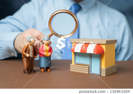A businessman studies the average purchase price of elderly shoppers. Consumer preferences and senior market analysis. Targeted marketing and retail strategy 136961084