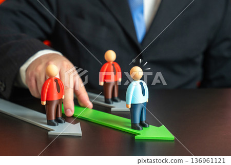The businessman gains an advantage in the competitive race. Get a head start. Leadership ambition and market dominance strategy. Winning mindset in business competition concept. The businessman gains an advantage in the competitive race. Get a head start. Leadership ambition and market dominance strategy. Winning mindset in business competition concept. 136961121
