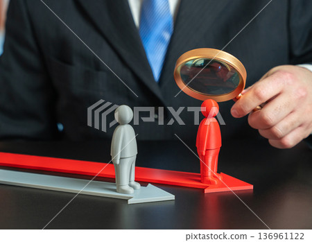 A businessman studies a business case of a competitor's rapid growth. Strategic analysis and market research. Competitive intelligence and planning for sustainable expansion and innovation. 136961122