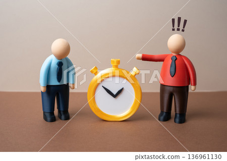 The boss reprimands the employee for being late. Missed deadlines and overtime at work. Workplace discipline and time management issues. Corporate pressure and burnout concept. 136961130