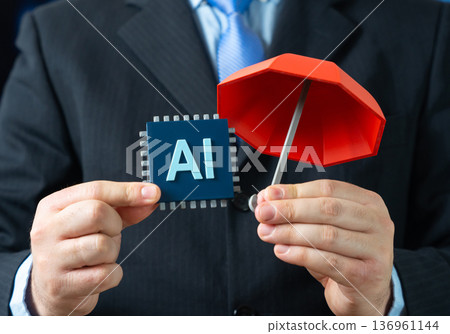 The AI microchip is under a red umbrella of insurance. Insure AI against errors. Technology risk management and liability coverage. Protection of algorithms and digital assets The AI microchip is under a red umbrella of insurance. Insure AI against errors. Technology risk management and liability coverage. Protection of algorithms and digital assets 136961144