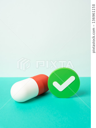 Medicinal capsule and green check mark of approval. Successful clinical trials and launch of drug production. Marketing authorization and pharmaceutical innovation concept for healthcare industry 136961158