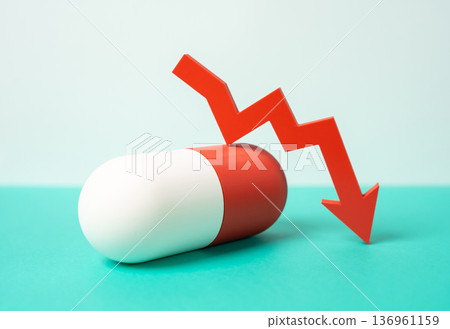 Medicinal capsule and red arrow pointing down. Decreasing drug effectiveness and limited popularity. Antibiotics shortage and supply decline. Pharmaceutical market crisis and resistance problem 136961159