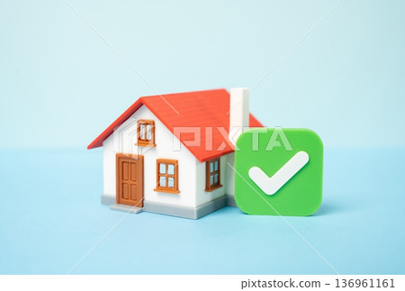 Home and green check mark of approval. Real estate verification and legal compliance. Secure purchase or sale transaction. Property inspection and trusted housing deal Home and green check mark of approval. Real estate verification and legal compliance. Secure purchase or sale transaction. Property inspection and trusted housing deal 136961161
