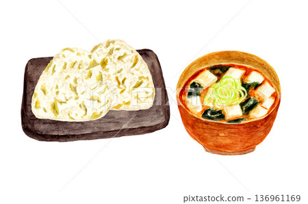 手繪水彩插圖，描繪了芥菜飯糰和味噌湯 136961169