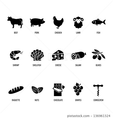 與葡萄酒搭配的食材和菜餚圖示集（牛肉、豬肉、起司、小吃等） 136961324