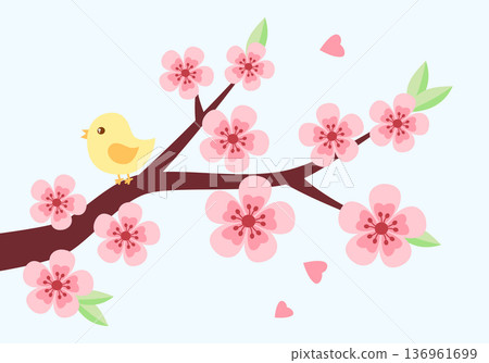 Spring blooming sakura or cherry tree with bird singing vector illustration in simple flat style. Clipart design element. Springtime blossom concept. 136961699