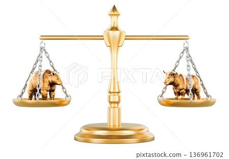 Bull and Bear on golden scales financial market balance concept. 3D rendering Bull and Bear on golden scales financial market balance concept. 3D rendering 136961702