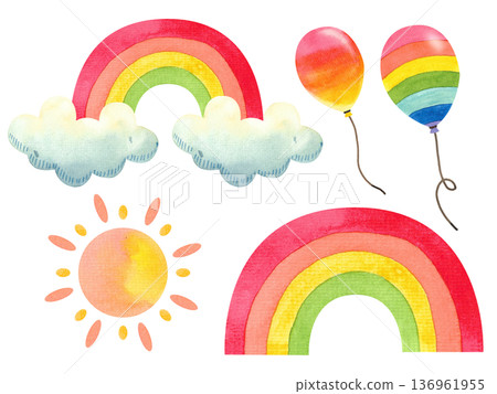 Watercolor set of rainbows in the clouds. Illustration of a sunny, festive mood. Hand drawn in a simple style. Watercolor set of rainbows in the clouds. Illustration of a sunny, festive mood. Hand drawn in a simple style. 136961955