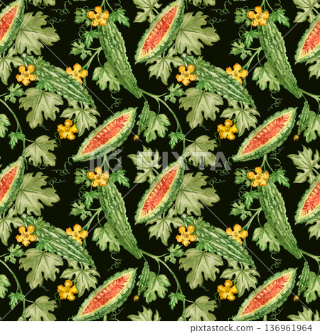 A seamless watercolor pattern with bitter melon, vines, leaves, and flowers. Momordica is a healthy and detoxifying herb. Hand-drawn illustration for packaging and food products. 136961964