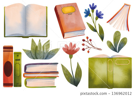 Set of hand drawn watercolor book illustrations with flowers 136962012