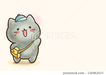 水彩插畫，描繪了一隻黑貓的幼兒園生活，招生資訊圖，貓咪叼著一個袋子。 136962015