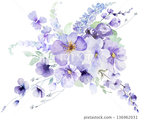 Watercolor purple garden flower bouquet, romantic pastel floral illustration for wedding stationery Watercolor purple garden flower bouquet, romantic pastel floral illustration for wedding stationery 136962031