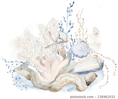 Arrangement with beige pastel watercolor seashells, isolated illustration for coastal beach wedding Arrangement with beige pastel watercolor seashells, isolated illustration for coastal beach wedding 136962032