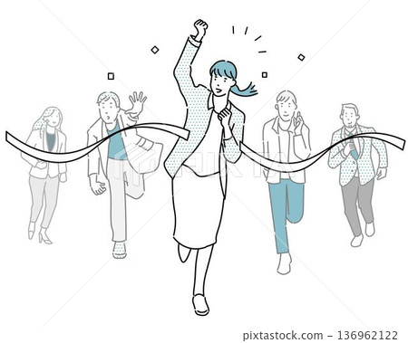 一幅描繪商務人士衝過終點線——贏得比賽——的插圖,白色背景。 一幅描繪商務人士衝過終點線——贏得比賽——的插圖,白色背景。 136962122