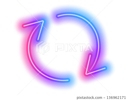 Neon arrow with glowing circular light effect on dark background. Futuristic red and blue gradient design with dynamic speed lines and electric energy glow. 136962171