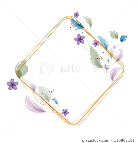 A watercolor frame features a shiny gold rhomboid shape. It is decorated with soft purple blossoms, various green and blue leaves, and small splatters, creating a natural and artistic border. A watercolor frame features a shiny gold rhomboid shape. It is decorated with soft purple blossoms, various green and blue leaves, and small splatters, creating a natural and artistic border. 136962191