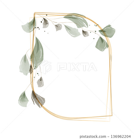 An elegant gold frame features delicate watercolor leaves in shades of green and grey. The minimalist design provides a beautiful, natural border with subtle artistic details. An elegant gold frame features delicate watercolor leaves in shades of green and grey. The minimalist design provides a beautiful, natural border with subtle artistic details. 136962204