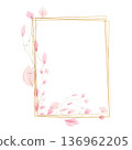 A lovely golden rectangular frame features delicate pink watercolor leaves. The soft, translucent foliage gracefully adorns the bottom and left edges, creating an elegant decorative border. 136962205