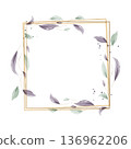 A square golden frame is adorned with delicate watercolor leaves. These leaves, in shades of green and purple, gently twine around the frame. 136962206