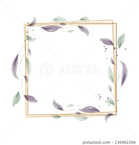 A square golden frame is adorned with delicate watercolor leaves. These leaves, in shades of green and purple, gently twine around the frame. A square golden frame is adorned with delicate watercolor leaves. These leaves, in shades of green and purple, gently twine around the frame. 136962206