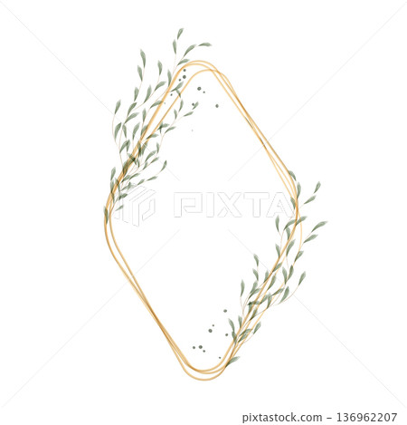 Delicate golden lines form a diamond-shaped watercolor frame. 136962207