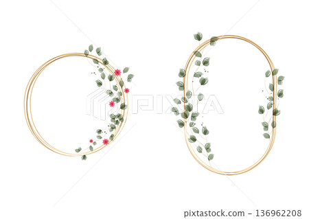 Two elegant watercolor frames display on a white background. A circular gold frame is adorned with delicate pink flowers and green leaves. Two elegant watercolor frames display on a white background. A circular gold frame is adorned with delicate pink flowers and green leaves. 136962208