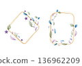 Two elegant watercolor frames feature delicate gold outlines. Adorned with soft green and blue leaves and small purple flowers, these botanical designs provide a gentle decorative border. 136962209