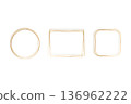Three distinct hand-drawn frames feature a shimmering gold watercolor effect on a clean white background. Shapes include a circle, a rectangle, and a rounded square, perfect for design accents. 136962222