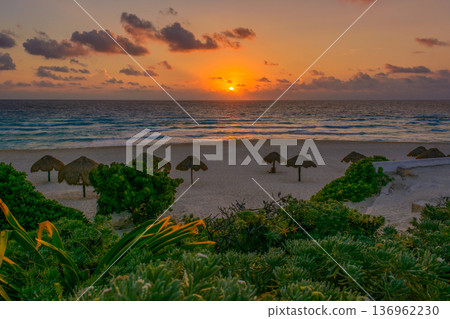 Golden sunrise over tranquil beach with thatched umbrellas Golden sunrise over tranquil beach with thatched umbrellas 136962230