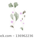 Two delicate watercolor plant stems with green and gray leaves ascend gracefully on a clean white background. 136962236