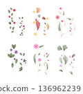 Six delicate watercolor botanical illustrations featuring various stems, leaves, and small flowers in soft pastel colors like pink, purple, yellow, and red. 136962239