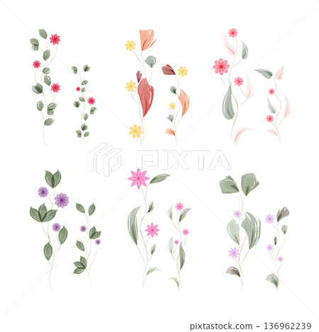 Six delicate watercolor botanical illustrations featuring various stems, leaves, and small flowers in soft pastel colors like pink, purple, yellow, and red. Six delicate watercolor botanical illustrations featuring various stems, leaves, and small flowers in soft pastel colors like pink, purple, yellow, and red. 136962239