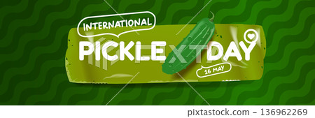 International Pickle day horizontal banner design template with text and pickled cucumber isolated on green geometric pattern background. Pickle day flyer. 16 may international day of pickled cucumber International Pickle day horizontal banner design template with text and pickled cucumber isolated on green geometric pattern background. Pickle day flyer. 16 may international day of pickled cucumber 136962269