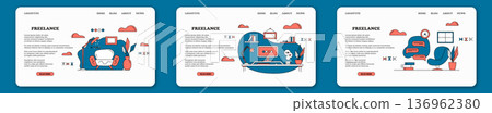 Set of landing pages about freelancing. Freelancers organization concept. Home workplace. Benefits of remote work, limitations and workflow. Scene of house workplace. Vector business concept. Set of landing pages about freelancing. Freelancers organization concept. Home workplace. Benefits of remote work, limitations and workflow. Scene of house workplace. Vector business concept. 136962380
