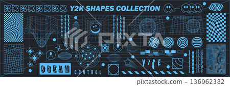 Abstract geometry hud wireframe shapes and patterns, cyberpunk elements, icon s and perspective grid s. Surreal geometric signs. Rave psychedelic futuristic Y2k acid aesthetic set. Vector illustration Abstract geometry hud wireframe shapes and patterns, cyberpunk elements, icon s and perspective grid s. Surreal geometric signs. Rave psychedelic futuristic Y2k acid aesthetic set. Vector illustration 136962382