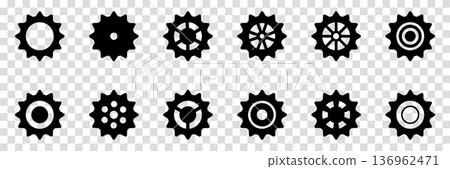 Collection of mechanical cogwheels. Gears icon set. Setting gears icon. Vector illustration with black silhouettes sprocket icons or signs design element. Transparent isolated background. 136962471