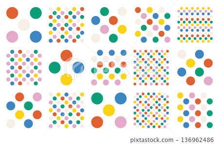 Geometric vector collection in retro style with colorful circles and round spots. Set of seamless polka dot patterns on white background. High quality illustrations for modern decor and design Geometric vector collection in retro style with colorful circles and round spots. Set of seamless polka dot patterns on white background. High quality illustrations for modern decor and design 136962486