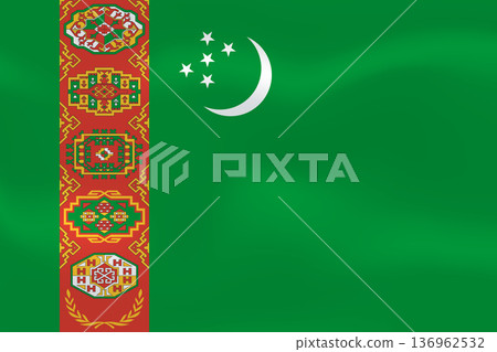 Turkmenistan flag with wavy silk effect. Vector flag symbolizing national pride, identity, heritage, patriotism and authority Turkmenistan flag with wavy silk effect. Vector flag symbolizing national pride, identity, heritage, patriotism and authority 136962532
