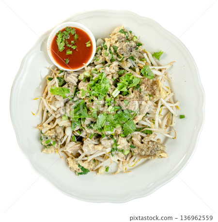 Traditional Thai crispy oyster omelette known as Hoi Tod served with fresh bean sprouts and spicy chili sauce on a white plate. Top view isolated. Delicious Asian street food. Traditional Thai crispy oyster omelette known as Hoi Tod served with fresh bean sprouts and spicy chili sauce on a white plate. Top view isolated. Delicious Asian street food. 136962559