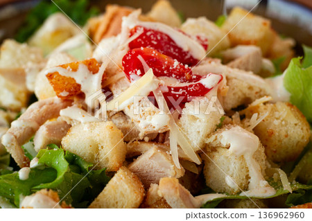 classic Caesar salad, close-up, natural light, selective focus, horizontal, classic Caesar salad, close-up, natural light, selective focus, horizontal, 136962960