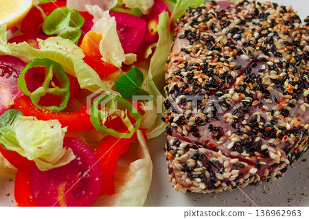 fillet of red tuna meat, fried in sesame seeds, homemade, close-up, no people, fillet of red tuna meat, fried in sesame seeds, homemade, close-up, no people, 136962963